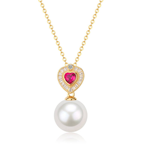11-12mm Freshwater Pearl & Red Gem Heart Necklace - House Of Pearls